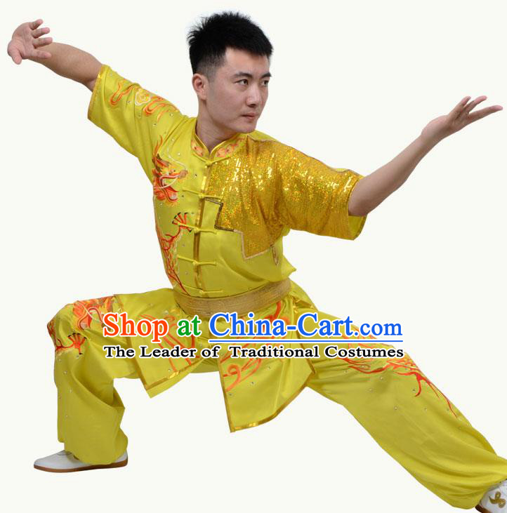 Top Grade Martial Arts Costume Kung Fu Training Short Sleeve Yellow Clothing, Tai Ji Embroidery Long Fist Uniform Gongfu Wushu Costume for Women for Men