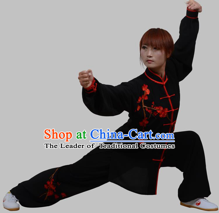 Top Grade China Martial Arts Costume Kung Fu Training Embroidery Plum Blossom Clothing, Chinese Embroidery Tai Ji Black Uniform Gongfu Wushu Costume for Women