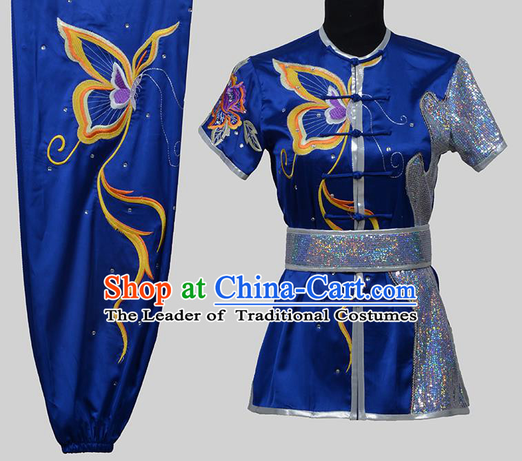 Top Grade China Martial Arts Costume Kung Fu Training Embroidery Butterfly Clothing, Chinese Embroidery Tai Ji Blue Uniform Gongfu Wushu Costume for Women