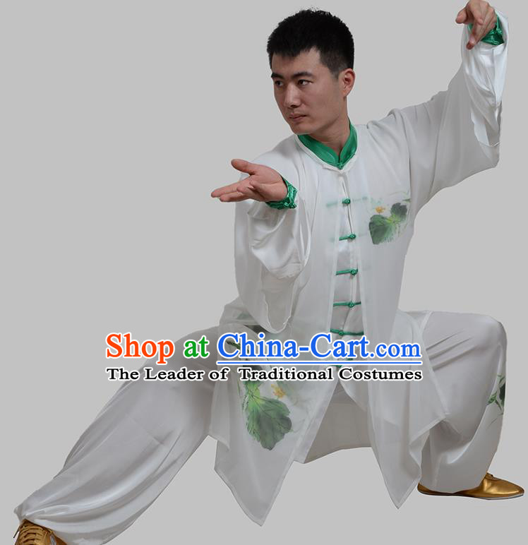Top Grade China Martial Arts Costume Kung Fu Training Ink Painting Lotus Clothing, Chinese Tai Ji White Uniform Gongfu Wushu Costume for Men