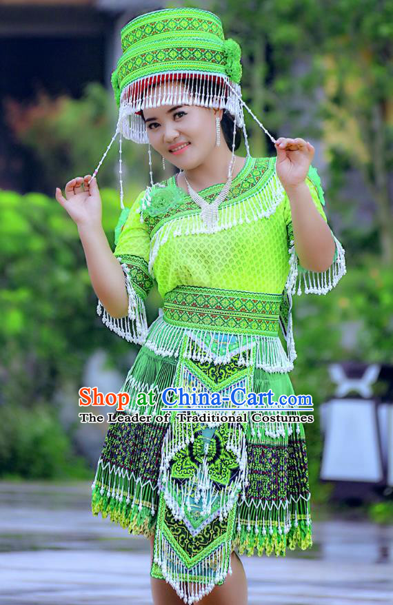 Traditional Chinese Miao Nationality Wedding Costume and Hat, Hmong Young Lady Folk Dance Ethnic Green Pleated Skirt, Chinese Minority Nationality Embroidery Clothing for Women