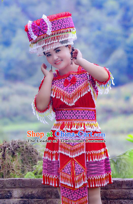 Traditional Chinese Miao Nationality Wedding Costume and Hat, Hmong Young Lady Folk Dance Ethnic Red Pleated Skirt, Chinese Minority Nationality Embroidery Clothing for Women