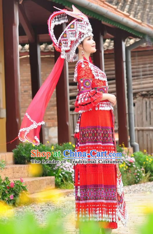 Traditional Chinese Miao Nationality Dancing Costume Hmong Female Folk Dance Ethnic Pleated Skirt Chinese Minority Nationality Embroidery Costume for Women