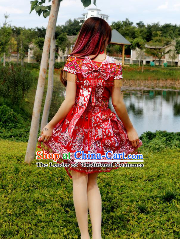 Traditional Chinese Miao Nationality Dancing Costume Hmong Female Folk Dance Ethnic Pleated Skirt Chinese Minority Nationality Embroidery Costume for Women