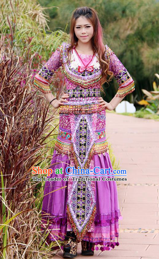 Traditional Chinese Miao Nationality Wedding Costume Embroidered Purple Long Beads Pleated Skirt, Hmong Folk Dance Ethnic Chinese Minority Nationality Embroidery Clothing for Women