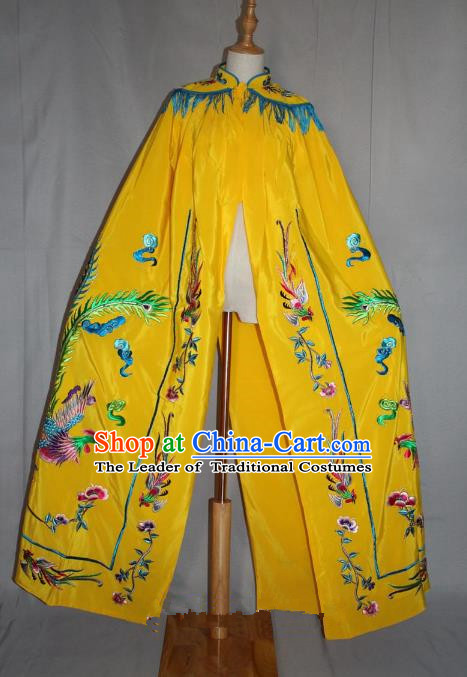 Top Grade Professional Beijing Opera Young Lady Costume Hua Tan Yellow Embroidered Phoenix Cloak, Traditional Ancient Chinese Peking Opera Diva Embroidery Mantle Clothing