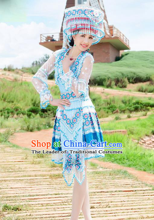 Traditional Chinese Miao Nationality Wedding Veil Costume Embroidered Blue Short Dress and Hat, Hmong Folk Dance Ethnic Chinese Minority Nationality Embroidery Clothing for Women