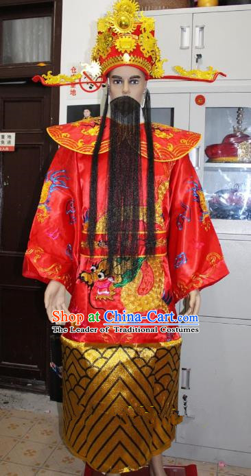 Traditional China Beijing Opera Old Men Costume God of Wealth Embroidered Robe and Headwear, Ancient Chinese Peking Opera Mammon Clothing