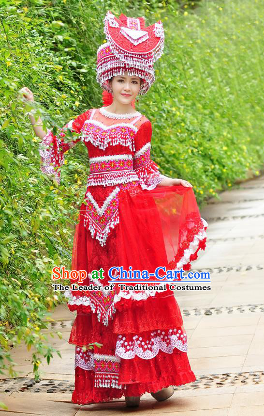 Traditional Chinese Miao Nationality Wedding Veil Costume Embroidered Red Tailing Dress and Hat, Hmong Folk Dance Ethnic Chinese Minority Nationality Embroidery Clothing for Women