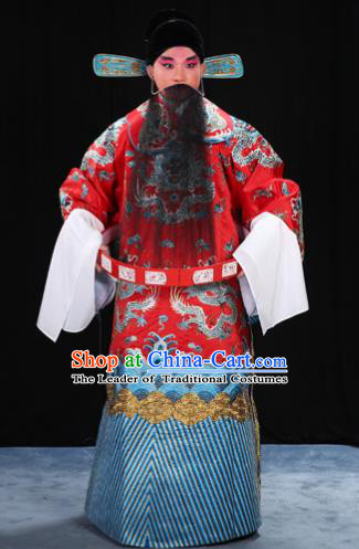 Top Grade Professional Beijing Opera Emperor Costume General Red Embroidered Robe and Belts, Traditional Ancient Chinese Peking Opera Royal Highness Embroidery Dragons Clothing