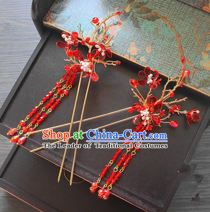 Traditional Handmade Chinese Ancient Classical Hair Accessories Barrettes Xiuhe Suit Red Beads Hair Stick, Long Tassel Step Shake, Hanfu Hairpins Hair Fascinators for Women