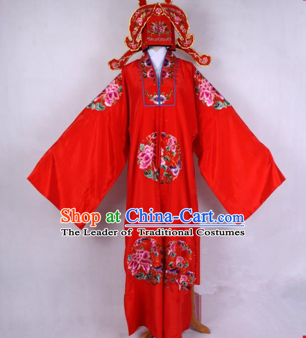 Top Grade Professional Beijing Opera Niche Costume Gifted Scholar Red Embroidered Cape, Traditional Ancient Chinese Peking Opera Embroidery Robe Clothing