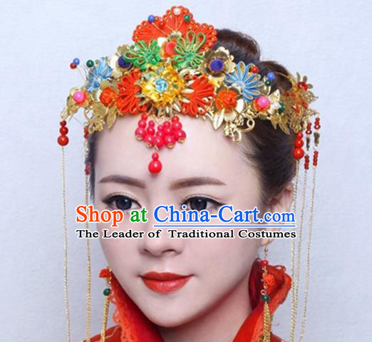 Traditional Handmade Chinese Ancient Classical Hair Accessories Xiuhe Suit Cheongsam Red Phoenix Coronet, Hanfu Hairpins Hair Fascinators for Women