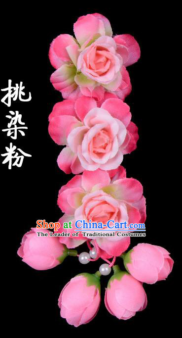 Traditional Beijing Opera Diva Red Hair Accessories Peach Pink Flowers Temples Hairpin, Ancient Chinese Peking Opera Tassel Step Shake Hua Tan Hairpins Headwear