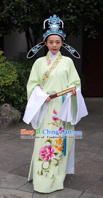 Top Grade Professional Beijing Opera Niche Costume Scholar Yellow Embroidered Robe and Hat, Traditional Ancient Chinese Peking Opera Embroidery Gwanbok Clothing