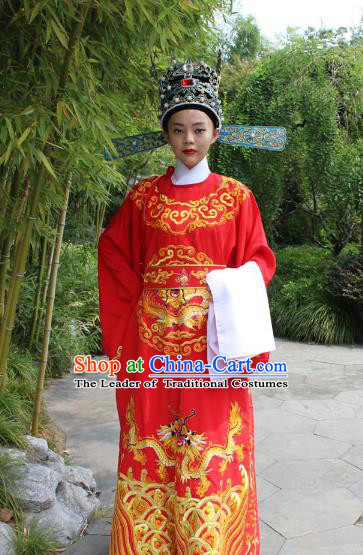 Top Grade Professional Beijing Opera Niche Costume Lang Scholar Red Embroidered Robe and Hat, Traditional Ancient Chinese Peking Opera Emperor Son-in-law Embroidery Gwanbok Clothing