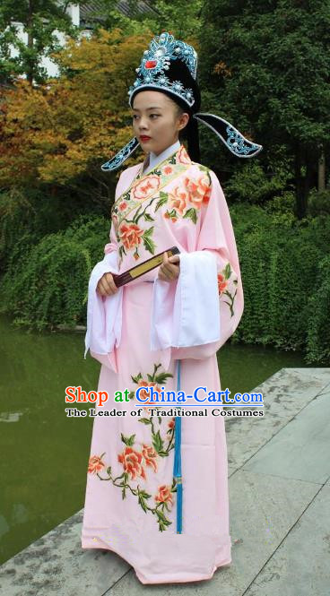 Top Grade Professional Beijing Opera Niche Costume Scholar Pink Embroidered Robe and Hat, Traditional Ancient Chinese Peking Opera Embroidery Gwanbok Clothing