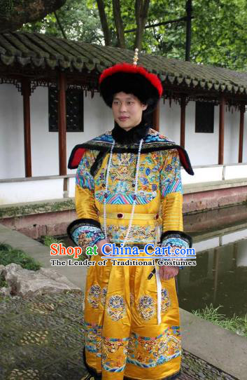 Traditional China Beijing Opera Qing Dynasty Emperor Costume Yellow Embroidered Robe, Ancient Chinese Peking Opera Manchu King Embroidery Dragon Clothing