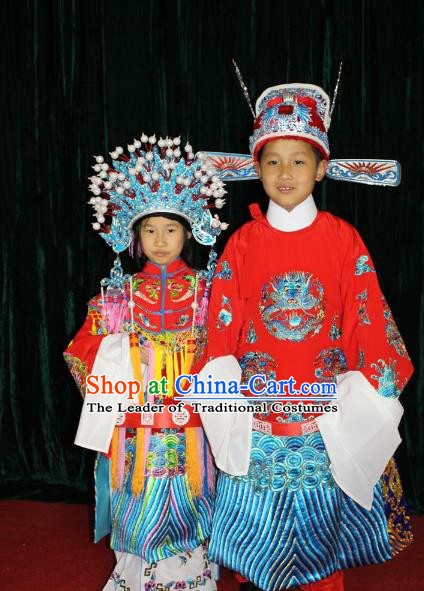Top Grade Professional Beijing Opera Bride and Bridegroom Embroidered Dress, Traditional Ancient Chinese Peking Opera Embroidery Clothing for Kids