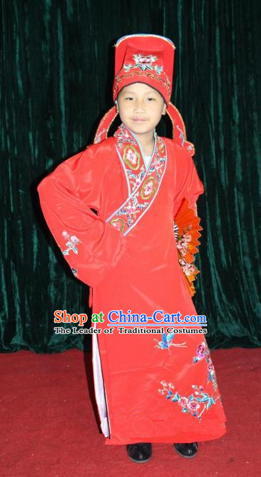 Top Grade Professional Beijing Opera Niche Costume Red Embroidered Robe, Traditional Ancient Chinese Peking Opera Lang Scholar Embroidery Clothing for Kids