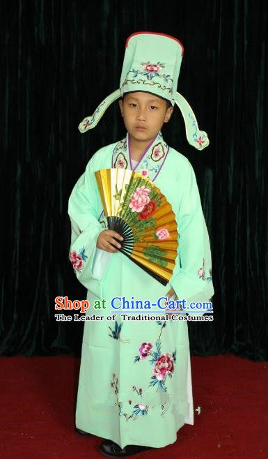 Top Grade Professional Beijing Opera Niche Costume Green Embroidered Robe, Traditional Ancient Chinese Peking Opera Lang Scholar Embroidery Clothing for Kids