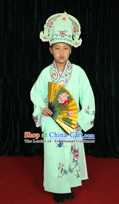 Top Grade Professional Beijing Opera Niche Costume Young Men Green Embroidered Robe, Traditional Ancient Chinese Peking Opera Scholar Embroidery Clothing for Kids