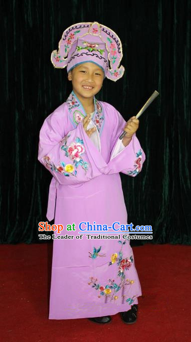 Top Grade Professional Beijing Opera Niche Costume Young Men Purple Embroidered Robe, Traditional Ancient Chinese Peking Opera Scholar Embroidery Clothing for Kids