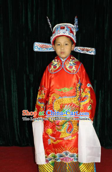 Top Grade Professional Beijing Opera Costume Red Embroidered Robe, Traditional Ancient Chinese Peking Opera Royal Highness Embroidery Gwanbok Clothing for Kids
