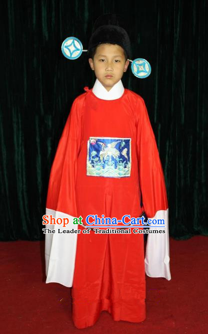 Top Grade Professional Beijing Opera Costume Red County Magistrate Embroidered Robe, Traditional Ancient Chinese Peking Opera Embroidery Gwanbok Clothing for Kids