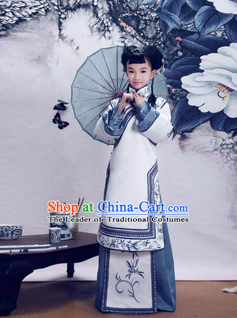 Traditional Chinese Qing Dynasty Young Girls Costume, Elegant Hanfu Clothing Chinese Ancient Republic of China Embroidery Xiuhe Suit Clothing for Kids