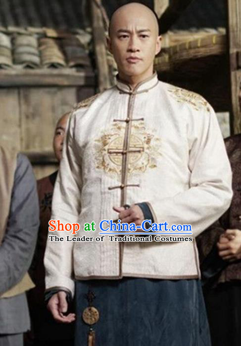 Traditional Chinese Ancient Qing Dynasty Embroidered Costume Businessman White Mandarin Jacket, Republic of China Nobility Childe Embroidery Clothing