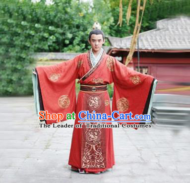 Traditional Chinese Ancient Qin Dynasty Prince Embroidered Wedding Costume, China Han Dynasty Majesty Embroidery Dragon Hanfu Red Robe Clothing