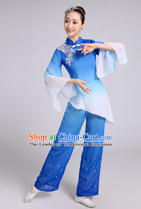 Traditional Chinese Yangge Fan Dance Costume, Chinese Classical Umbrella Dance Blue Chiffon Uniform Yangko Embroidery Clothing for Women