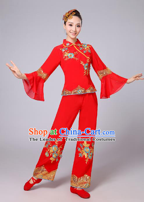 Traditional Chinese Folk Dance Costume Yangge Dance Red Mandarin Sleeve Uniform, Chinese Classical Fan Dance Umbrella Dance Yangko Embroidery Clothing for Women