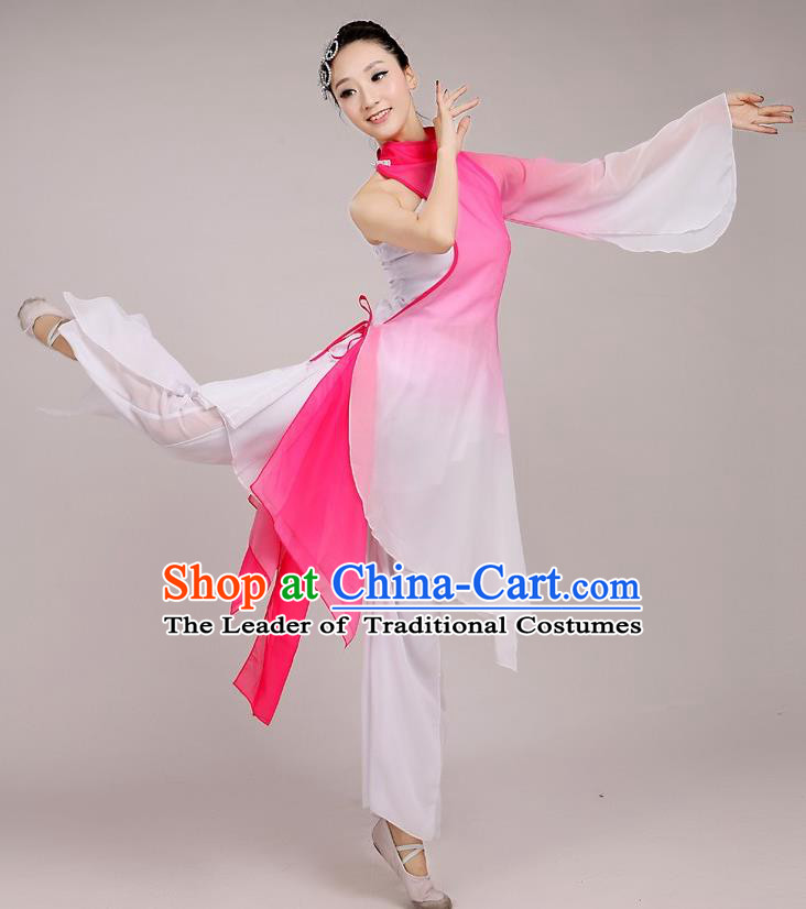 Traditional Chinese Folk Dance Costume Yangge Dance Pink Chiffon Uniform, Chinese Classical Fan Dance Umbrella Dance Yangko Embroidery Clothing for Women