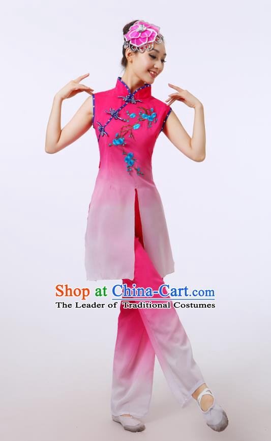 Traditional Chinese Folk Dance Costume Yangge Dance Pink Uniform, Chinese Classical Fan Dance Umbrella Dance Yangko Embroidery Cheongsam Clothing for Women