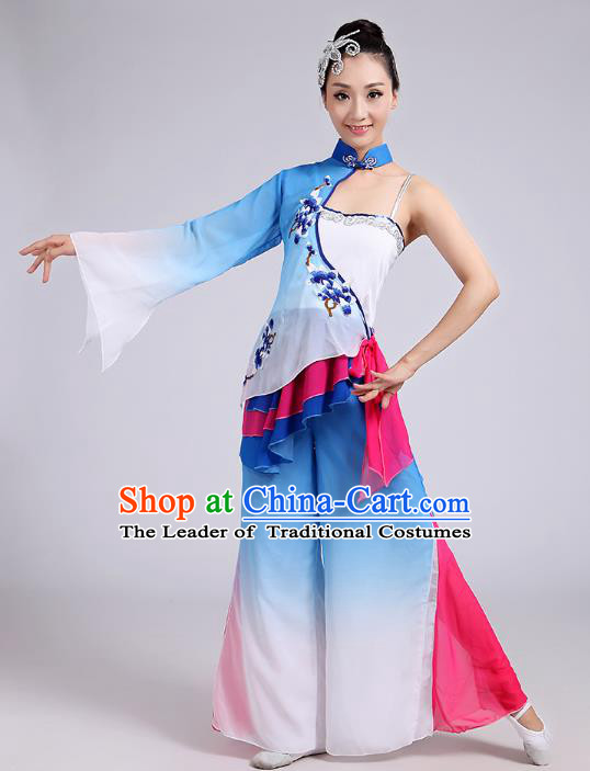 Traditional Chinese Folk Dance Costume Yangge Dance Uniform, Chinese Classical Fan Dance Umbrella Dance Yangko Embroidery Blue Clothing for Women
