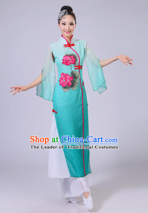 Traditional Chinese Yangge Fan Dancing Costume Modern Dance Dress Clothing and Headwear