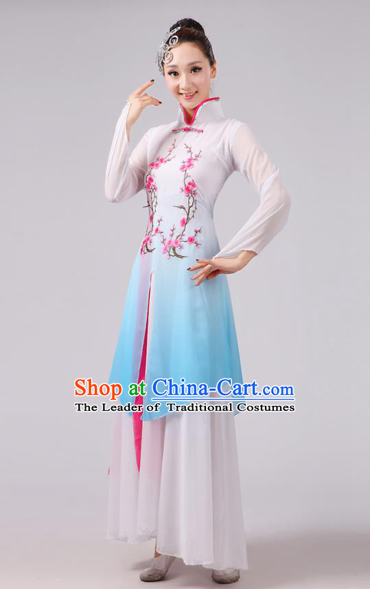 Traditional Chinese Folk Dance Costume Yangge Dance Embroidery Plum Blossom Uniform, Chinese Classical Fan Dance Umbrella Dance Yangko Blue Clothing for Women