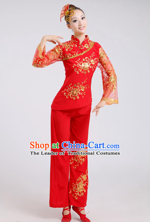 Traditional Chinese Folk Dance Costume Yangge Dance Red Uniform, Chinese Classical Fan Dance Drum Dance Yangko Clothing for Women