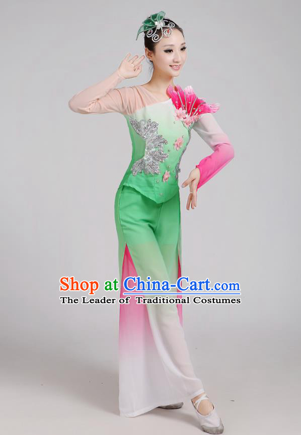 Traditional Chinese Yangge Fan Dancing Costume Modern Dance Dress Clothing and Headwear