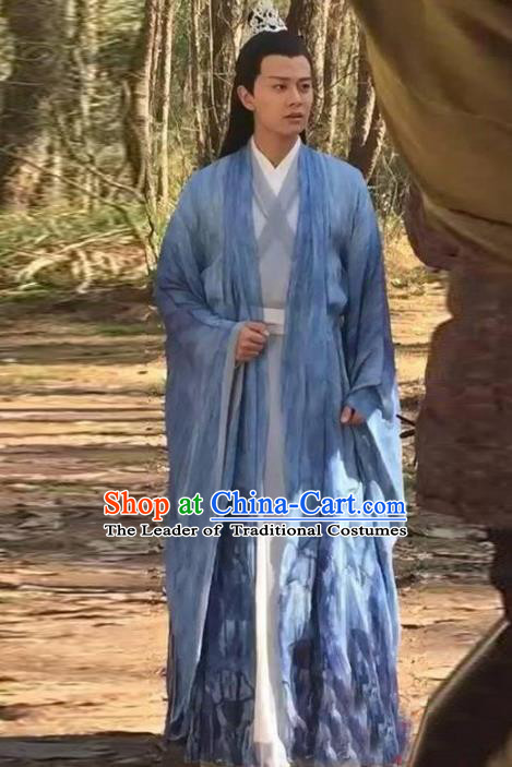 Traditional Chinese Ancient Swordsman Costume Madam White Snake Xu Xian Long Robe, Chinese Han Dynasty Kawaler Hanfu Clothing
