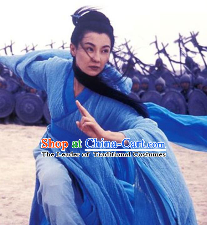 Traditional Chinese Ancient Female Swordsman Costume, Chinese Qin Dynasty Kawaler Hanfu Blue Dress Clothing for Women