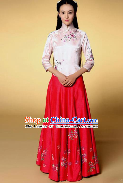 Traditional Chinese Ancient Nobility Lady Costume Pink Blouse and Red Skirt, Elegant Hanfu Clothing Chinese Republic of China Young Lady Embroidery Cheongsam Clothing