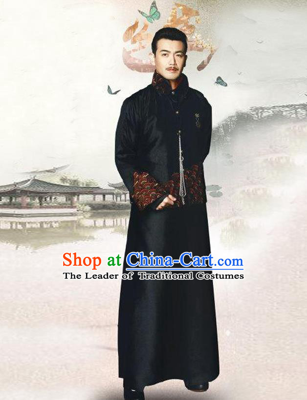 Traditional Chinese Nobility Childe Costume Black Mandarin Jacket and Long Robe, Chinese Republic of China Young Master Embroidery Clothing for Men