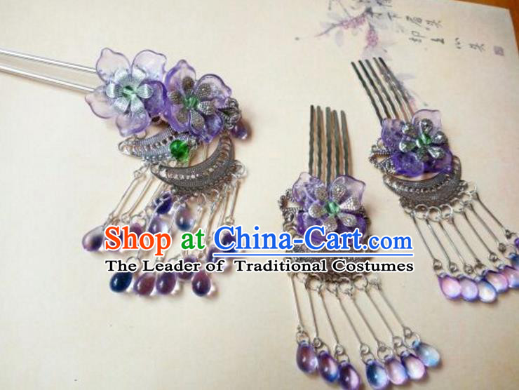 Traditional Chinese Ancient Classical Handmade Hair Accessories Purple Tassel Hair Comb Complete Set, Hanfu Hair Stick Hair Fascinators Hairpins for Women