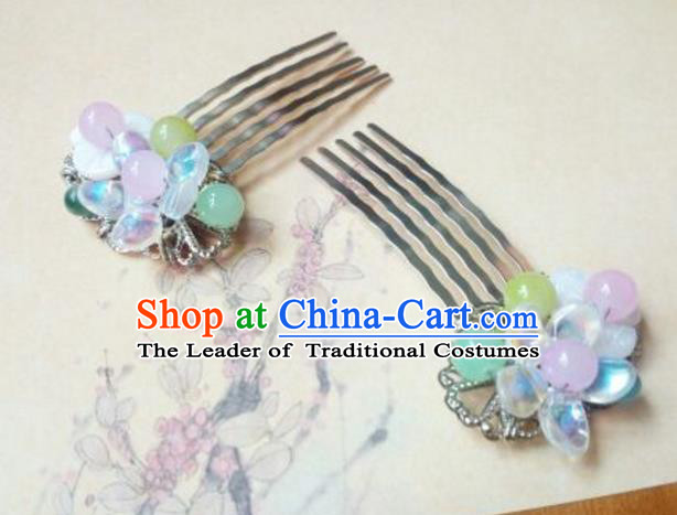 Traditional Chinese Ancient Classical Handmade Hair Accessories Barrettes Hairpin, Hanfu Blue Beads Tassel Step Shake Hair Fascinators Hairpins for Women