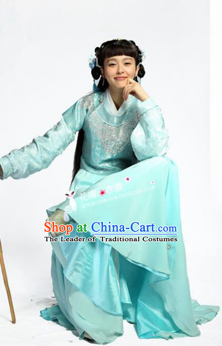 Traditional Chinese Ancient Nobility Lady Costume, Elegant Hanfu Clothing Chinese Ming Dynasty Young Lady Swordswoman Embroidery Blue Dress Clothing
