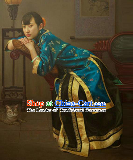 Traditional Ancient Chinese Republic of China Peeresses Costume Blue Xiuhe Suit, Elegant Hanfu Clothing Chinese Qing Dynasty Nobility Dowager Clothing for Women