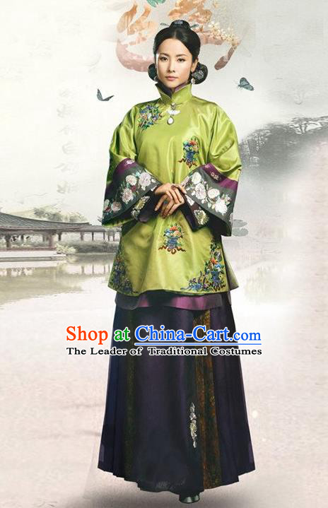 Traditional Ancient Chinese Republic of China Princess Costume Green Xiuhe Suit, Elegant Hanfu Clothing Chinese Qing Dynasty Nobility Dowager Clothing for Women